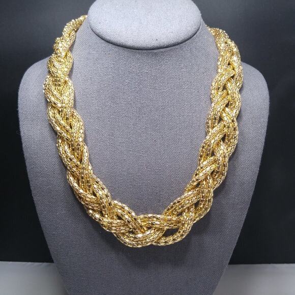 Gold Metal Mesh Braided Necklace, 24 Inches, Six Strands, Bright Shiny Gold Tone - Picture 4 of 6